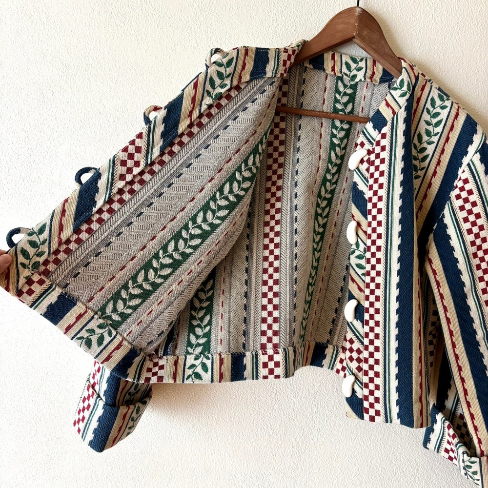 Doncaster Vintage Tapestry Jacket 10 Leaf Check Stripe Toggle USA Made 90s Artsy - Picture 7 of 12